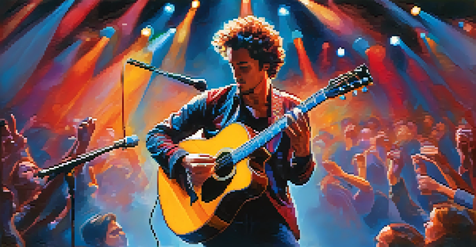 A guitarist performing on stage with colorful lights, engaging with an enthusiastic audience.