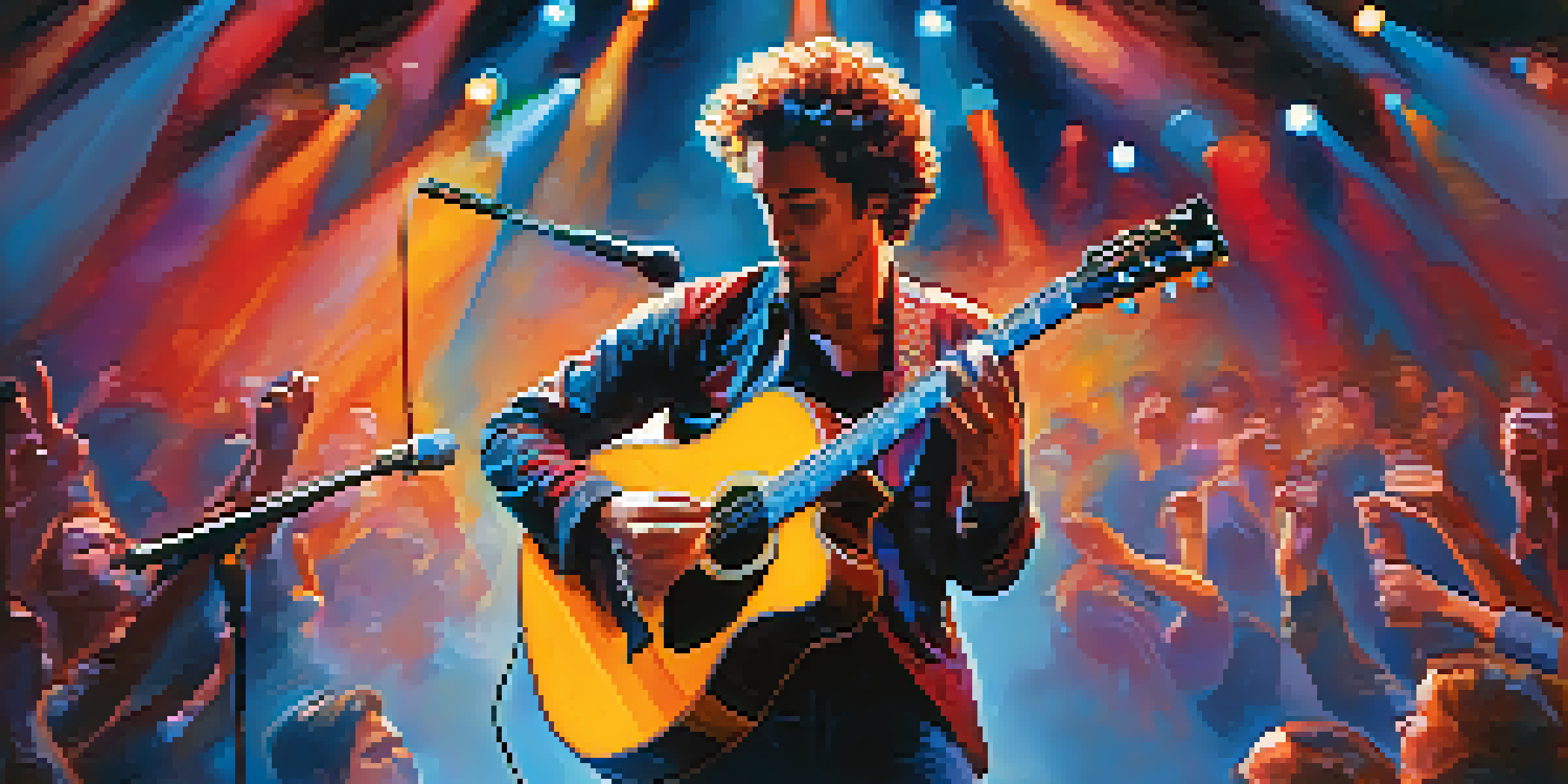 A guitarist performing on stage with colorful lights, engaging with an enthusiastic audience.