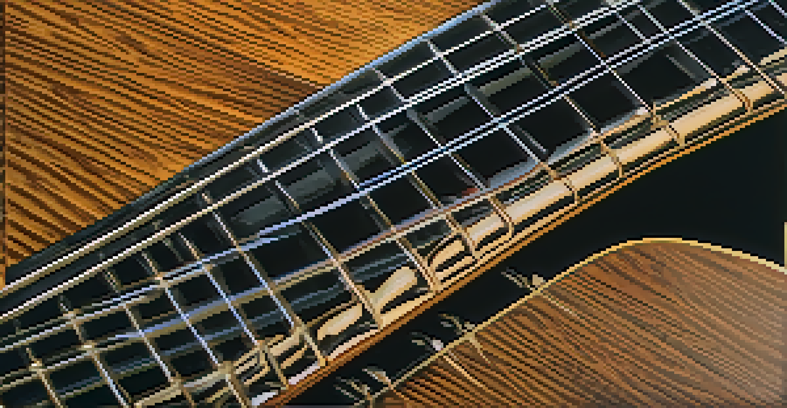 Close-up of a guitar fretboard with fingers positioned on the strings.