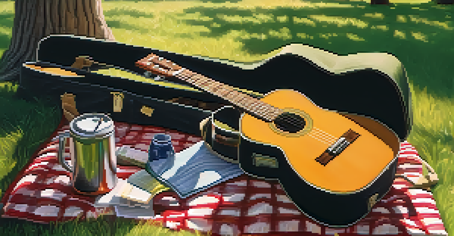 A travel guitar on a picnic blanket under a tree in a natural setting.