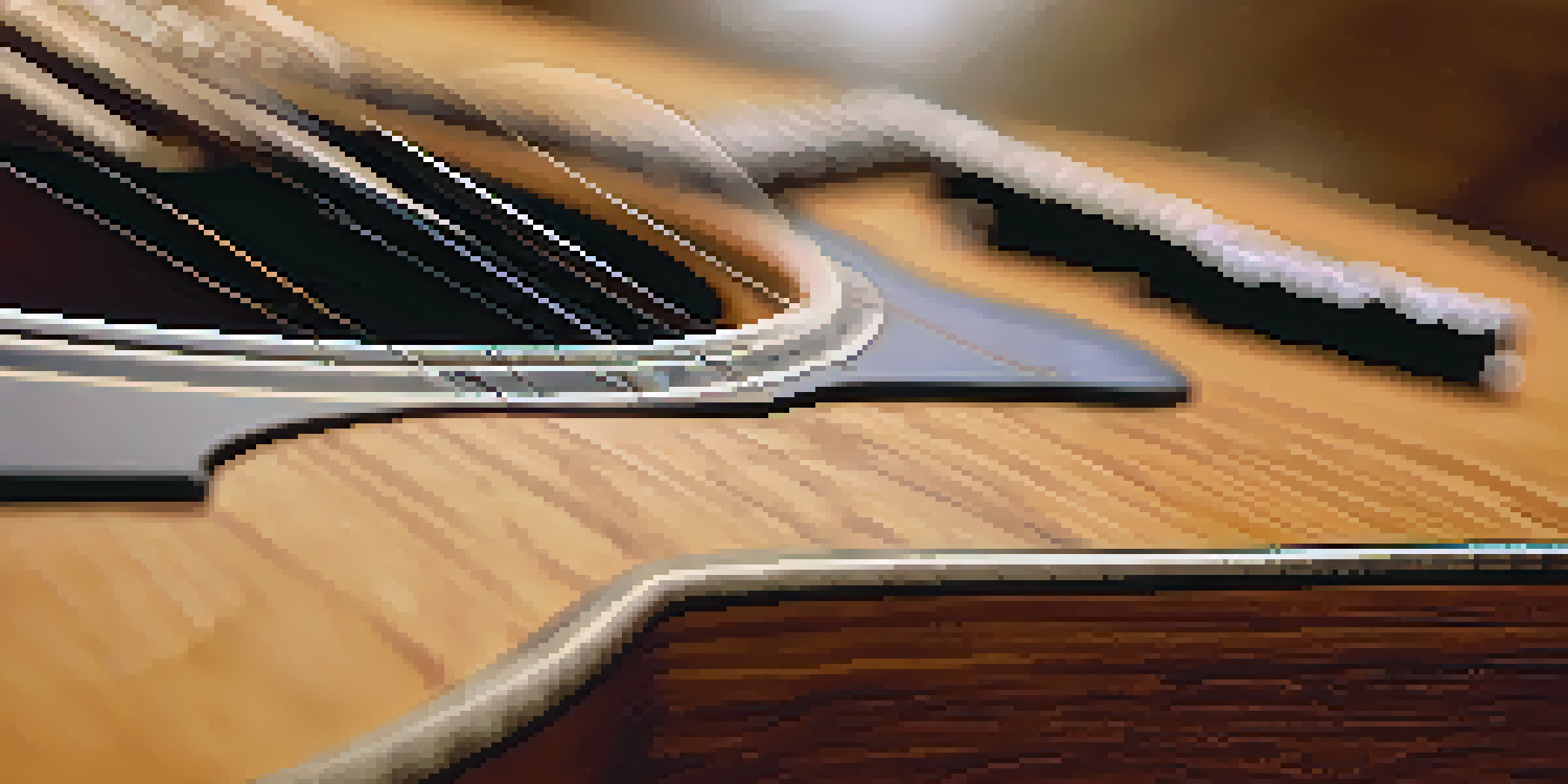 A close-up view of an acoustic guitar with a microphone positioned near the sound hole, showcasing the wood grain and strings under warm lighting.
