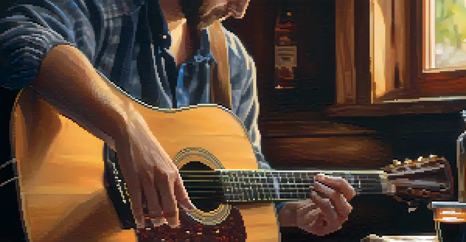 Close-up of hands fingerpicking an acoustic guitar in a cozy living room.