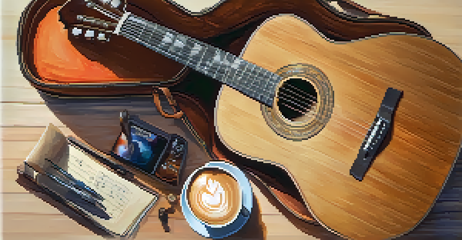 An overhead view of a guitar setup on a table, featuring an open case, a notebook, and a cup of coffee, all under warm lighting.