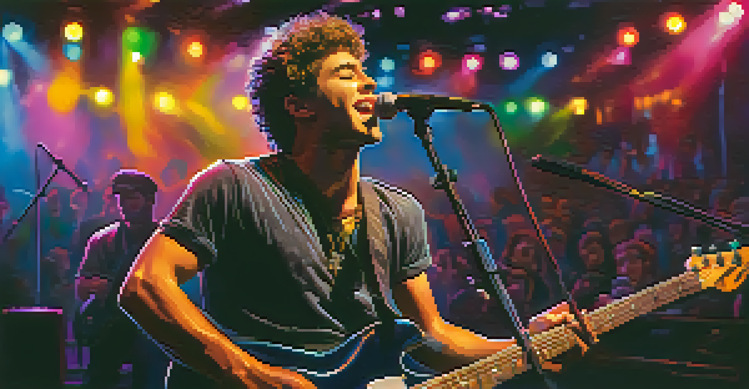 A guitarist performing on stage with colorful lights and an engaged audience in the background, showcasing a dynamic performance.