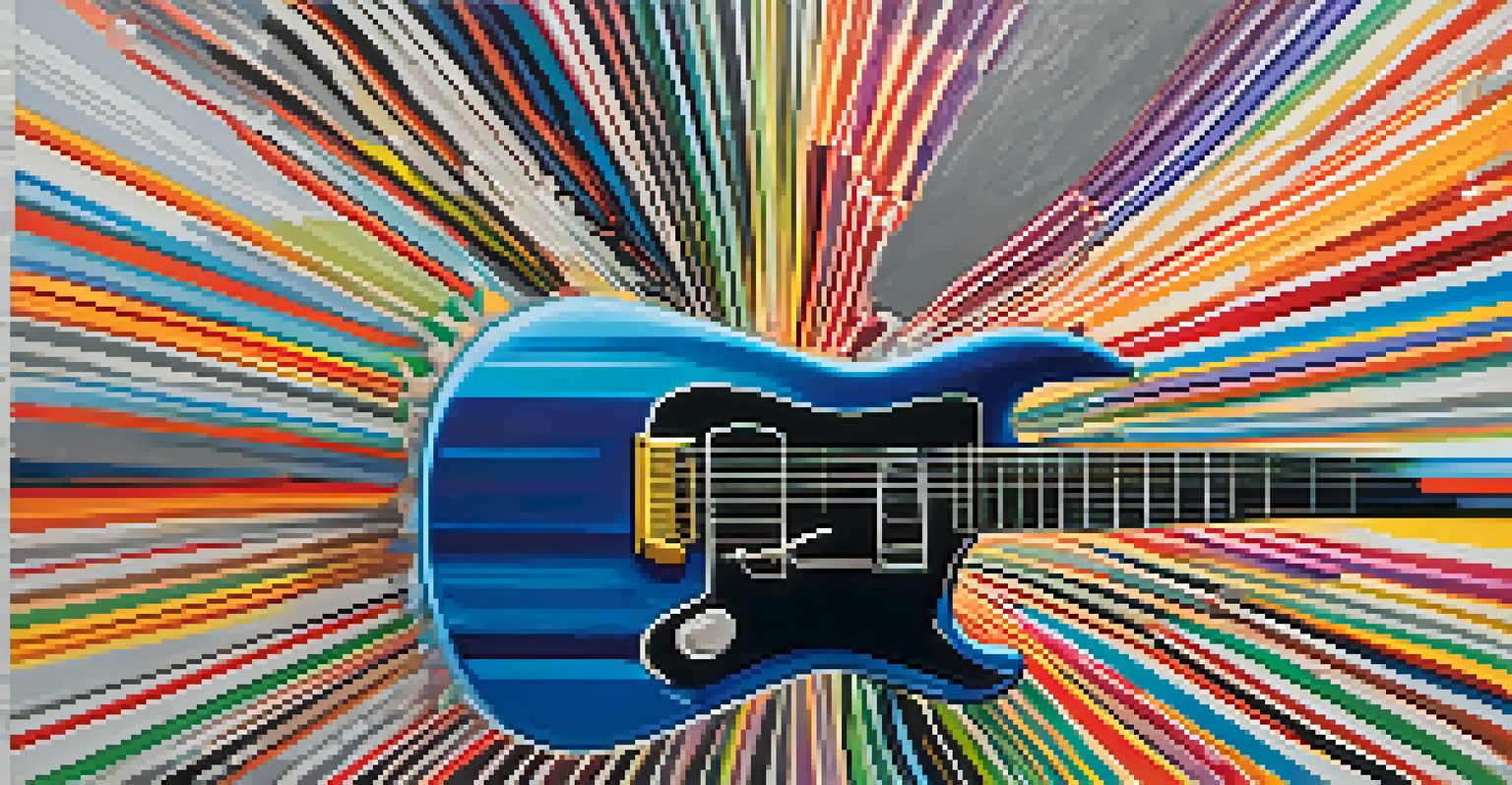 An abstract image of sound waves shaped like a guitar, representing the fusion of guitar and dance music.