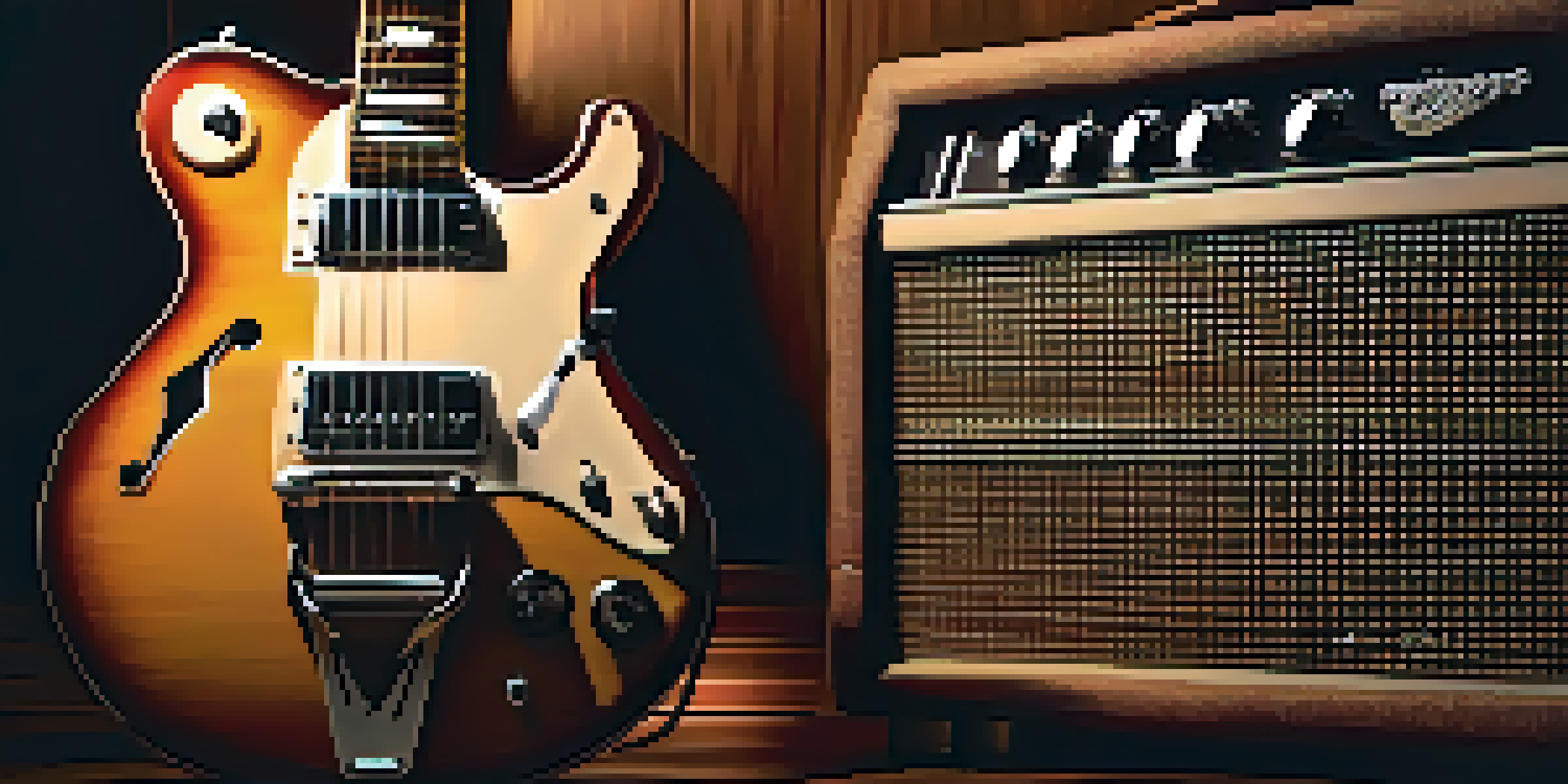 A vintage electric guitar leaning against an amplifier in a dimly lit room, with warm light illuminating its wood grain and chrome details.