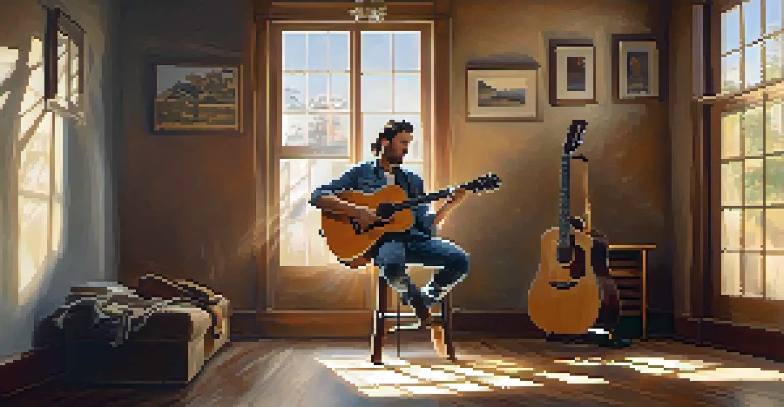 A musician adjusting a capo on an acoustic guitar in a sunlit room, surrounded by floating musical notes.