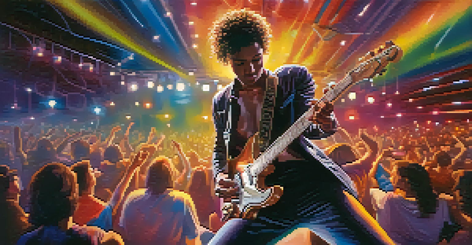 An electric guitarist performing on stage with colorful lights and an engaged audience, showcasing the energy of live music.