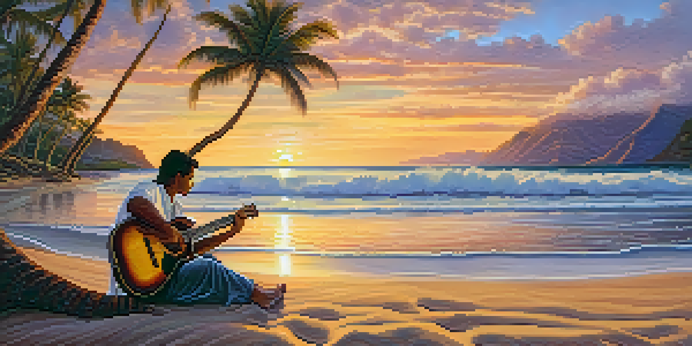 A guitarist playing a steel slide guitar on a sandy Hawaiian beach at sunset, with vibrant colors reflecting on the ocean waves.