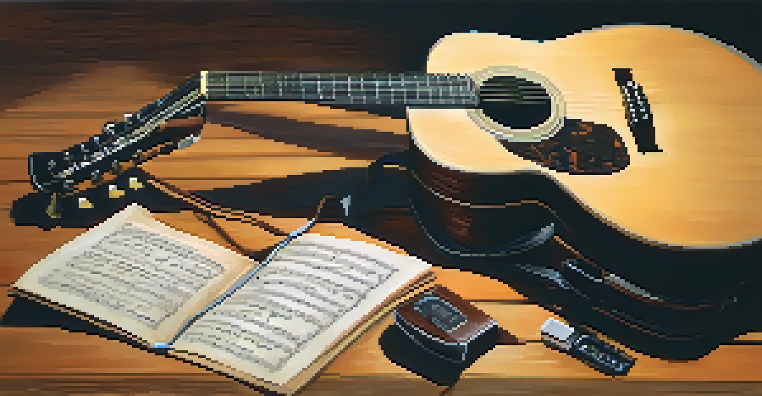 A close-up of an open gig bag on a wooden stage, featuring a guitar inside and music accessories around, illuminated by soft stage lights.