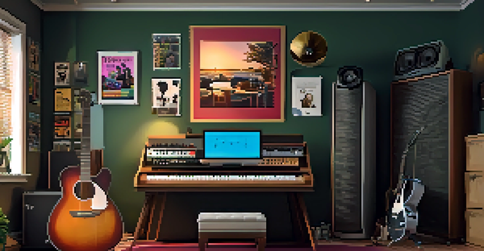 A cozy home studio with a guitar in the foreground, soundproofing panels on the walls, and a computer screen displaying music software.