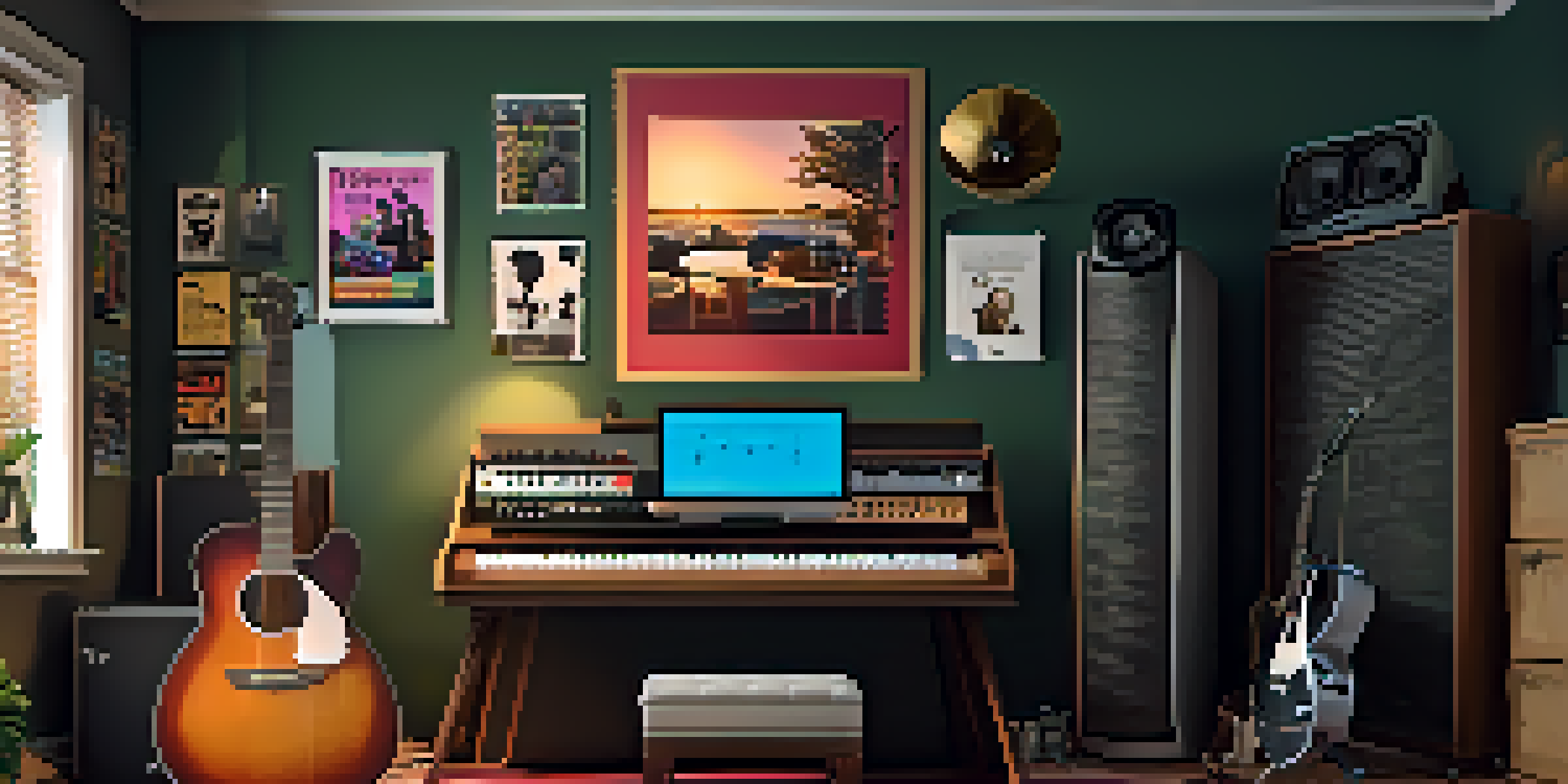 A cozy home studio with a guitar in the foreground, soundproofing panels on the walls, and a computer screen displaying music software.