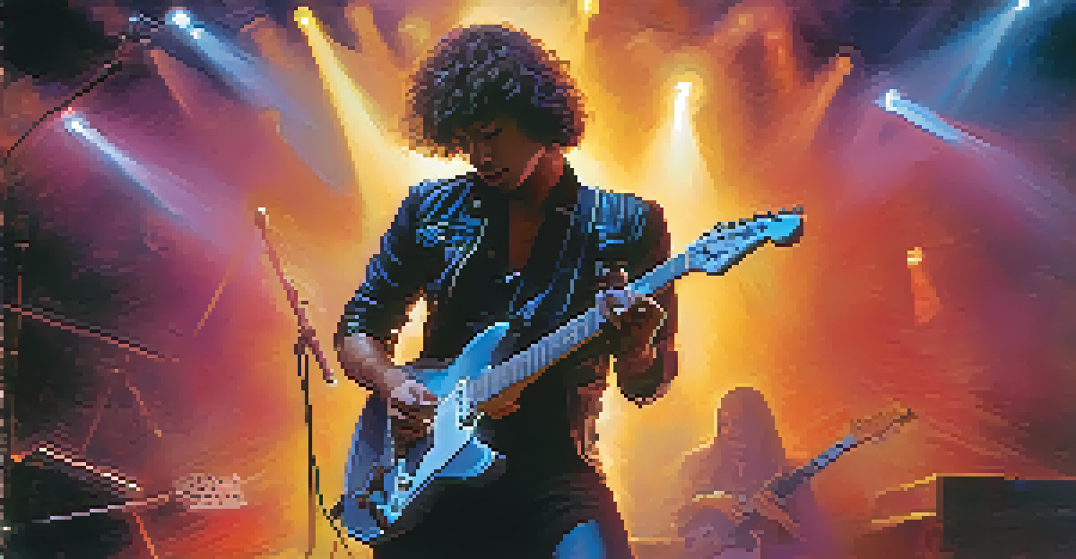 A guitarist performing with an electric guitar on stage, surrounded by colorful lights and smoke, while the audience is seen in silhouette.