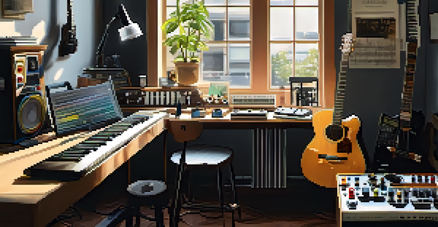 A creative workspace with a pedalboard, musical instruments, sheet music, and a coffee cup, illuminated by natural light.