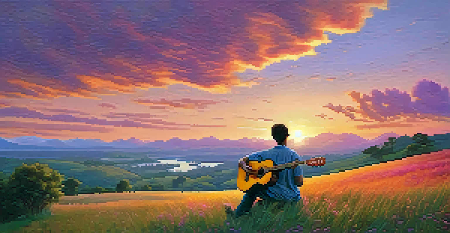 A musician sitting on a hill playing an acoustic guitar with a sunset in the background.