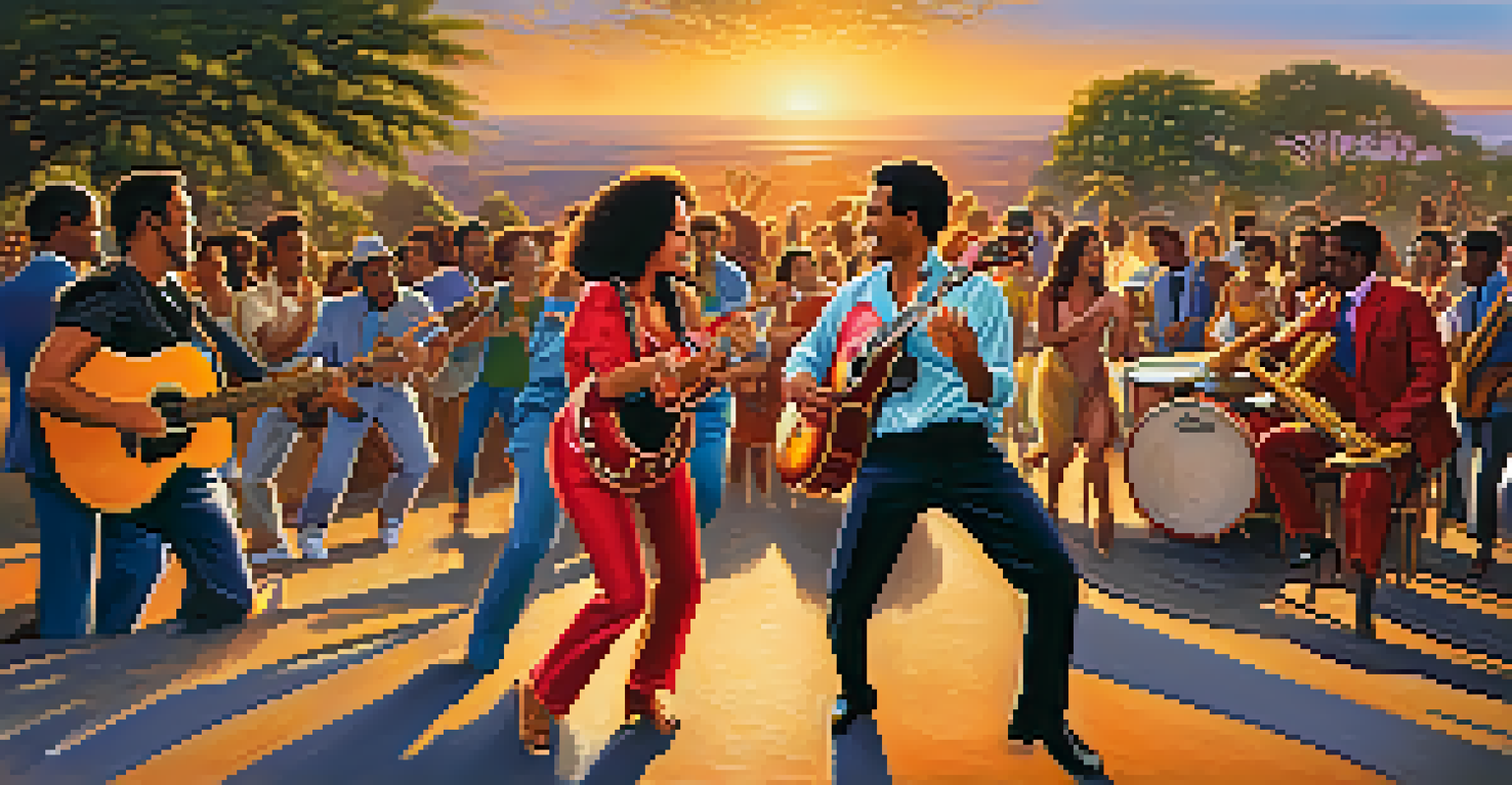 A guitarist performing with a salsa band outdoors at sunset, surrounded by musicians and dancers.