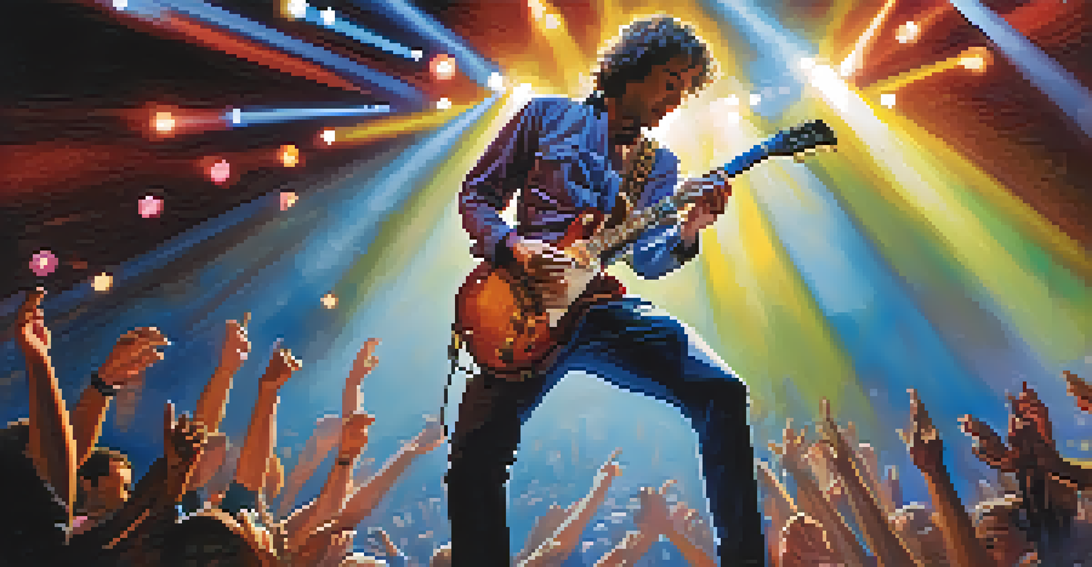 A guitarist performing on stage with vibrant lights and an enthusiastic audience.