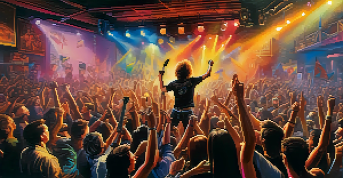 A lively punk rock concert with a band performing on stage and an energetic crowd in a smoky club, featuring vibrant posters and colorful lights.