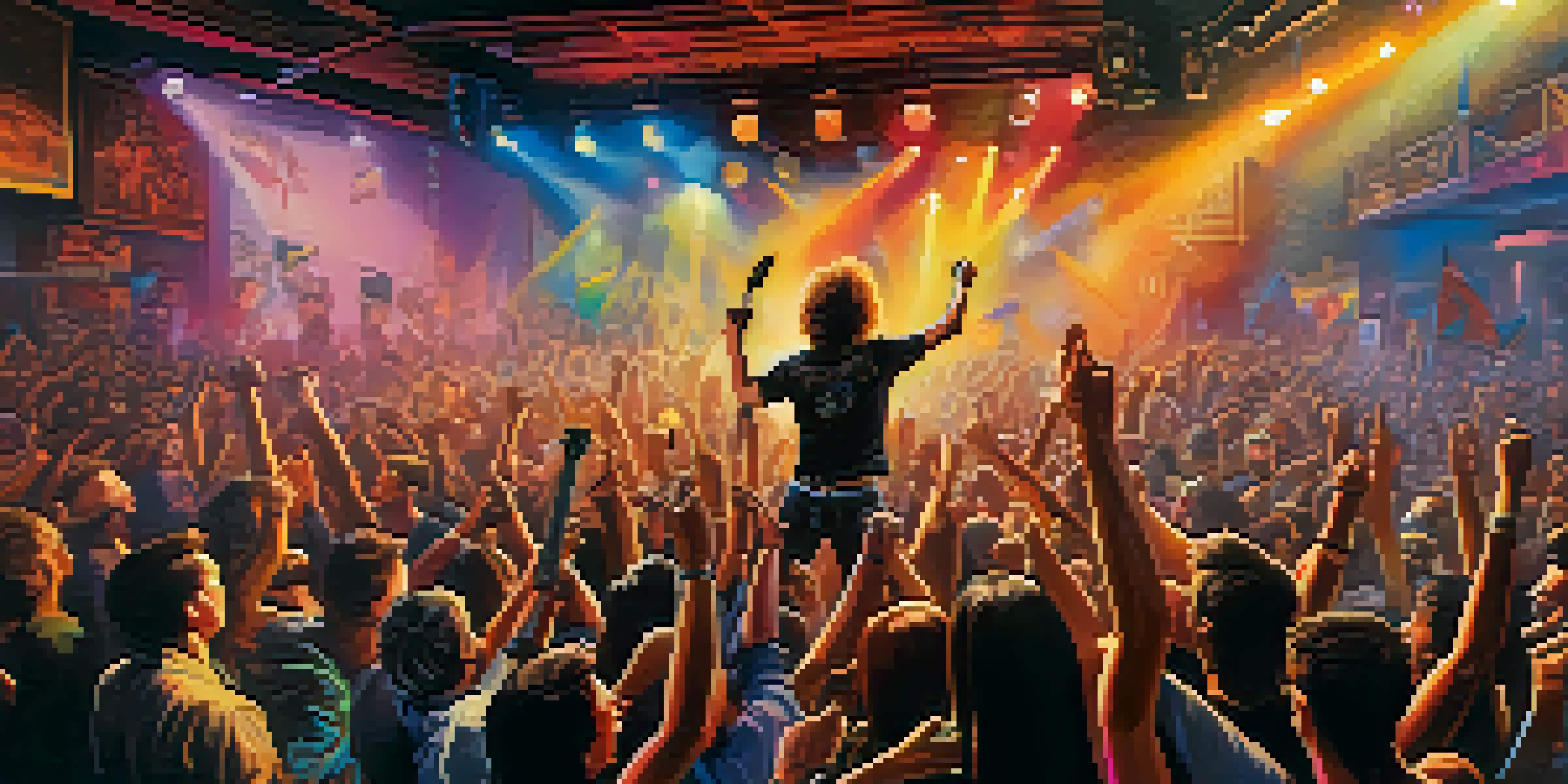 A lively punk rock concert with a band performing on stage and an energetic crowd in a smoky club, featuring vibrant posters and colorful lights.