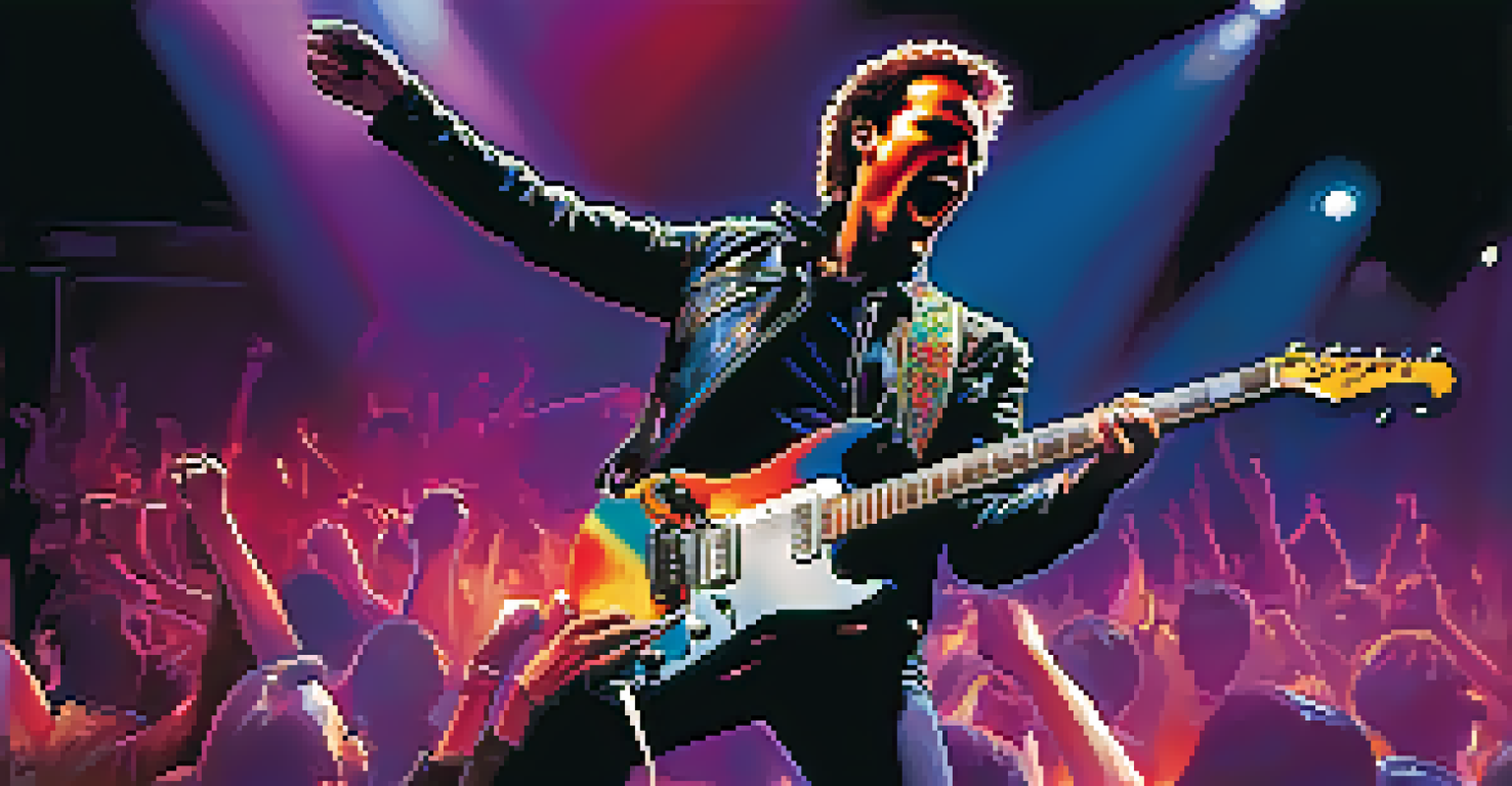An electric guitarist performing on stage with colorful lights, captured mid-solo with silhouetted audience in front.