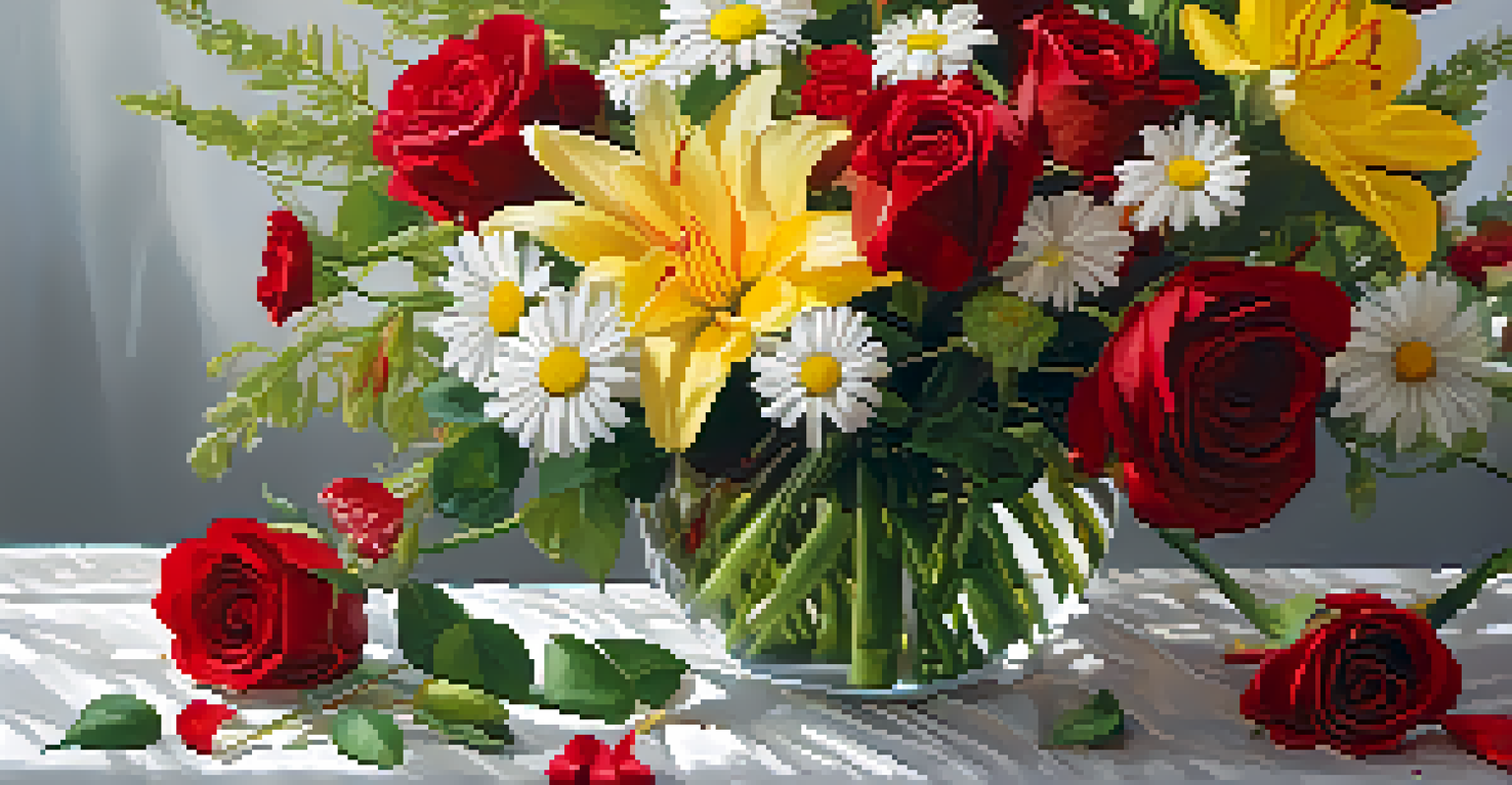 A close-up view of a colorful flower arrangement in a glass vase.