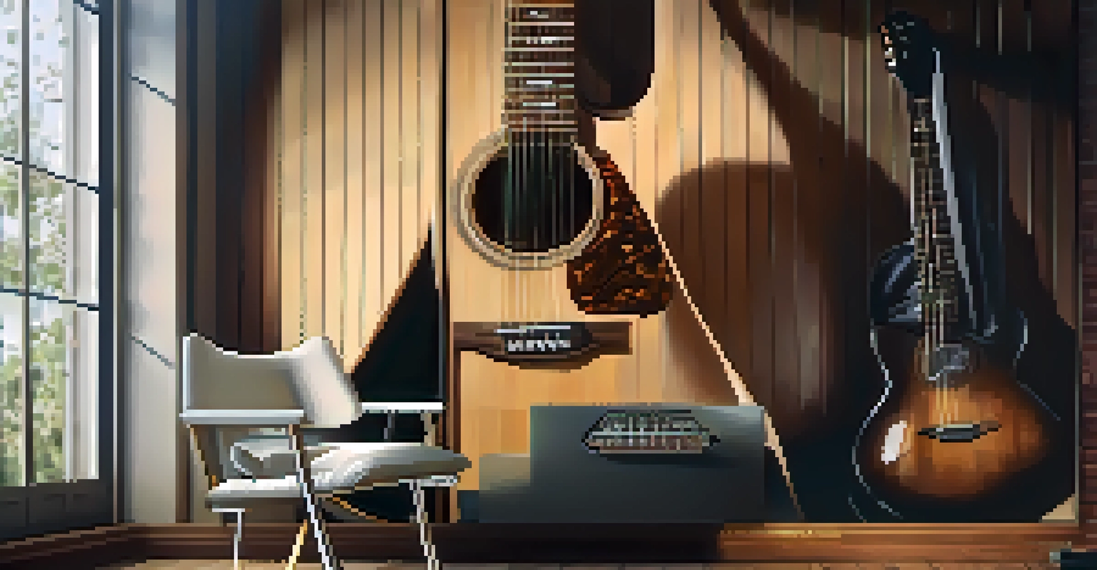 A beautiful guitar with light and heavy gauge strings displayed next to it, set in a cozy music room with soft lighting.