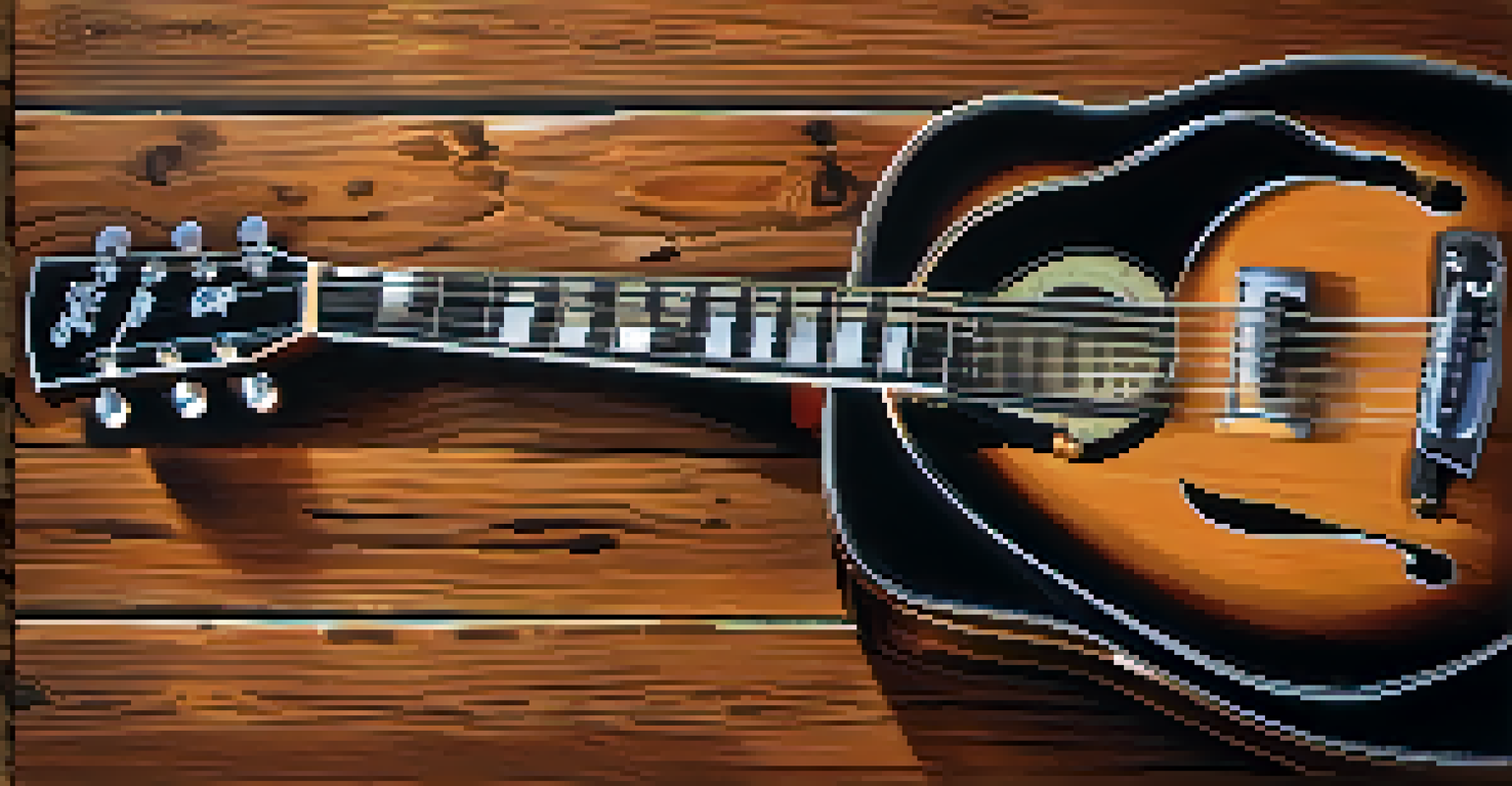 A close-up of a vintage guitar against a rustic wooden wall, showcasing its details and craftsmanship.
