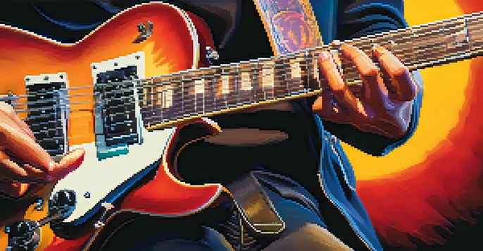 A close-up of a guitarist's hands playing an electric guitar, emphasizing finger movements during a legato technique.