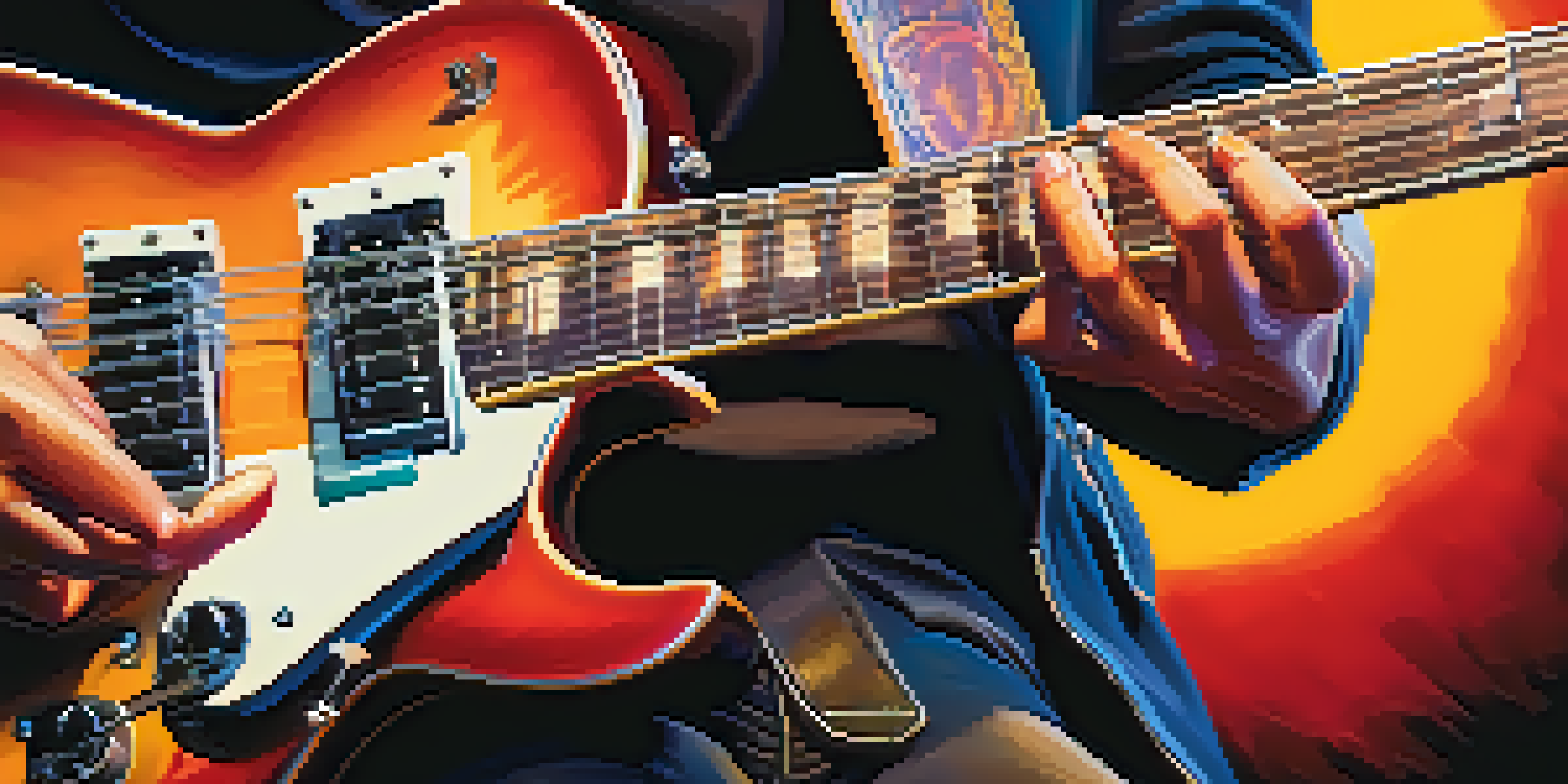 A close-up of a guitarist's hands playing an electric guitar, emphasizing finger movements during a legato technique.