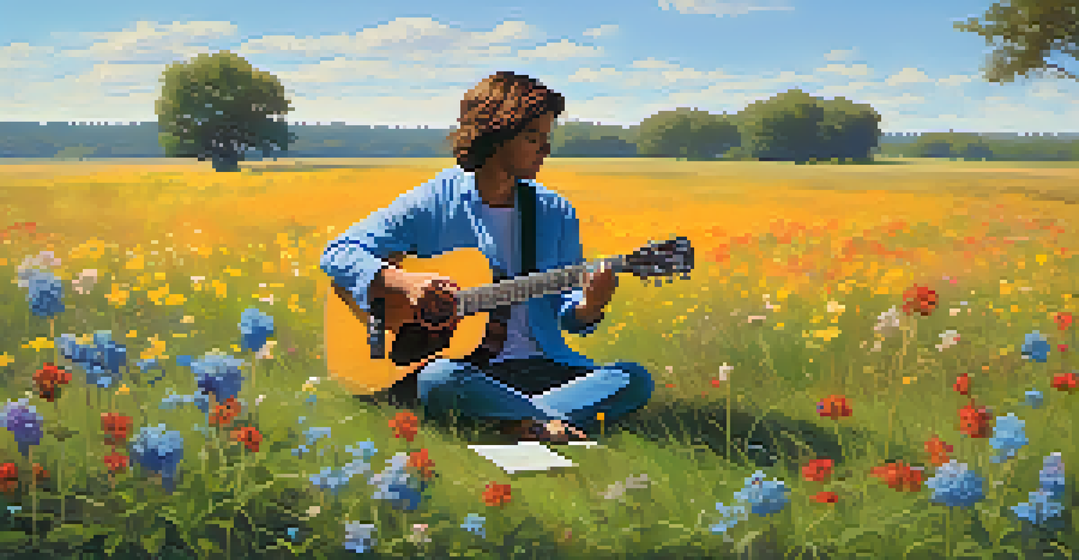 A guitarist sitting on grass with wildflowers, practicing with a metronome beside them under a clear blue sky.