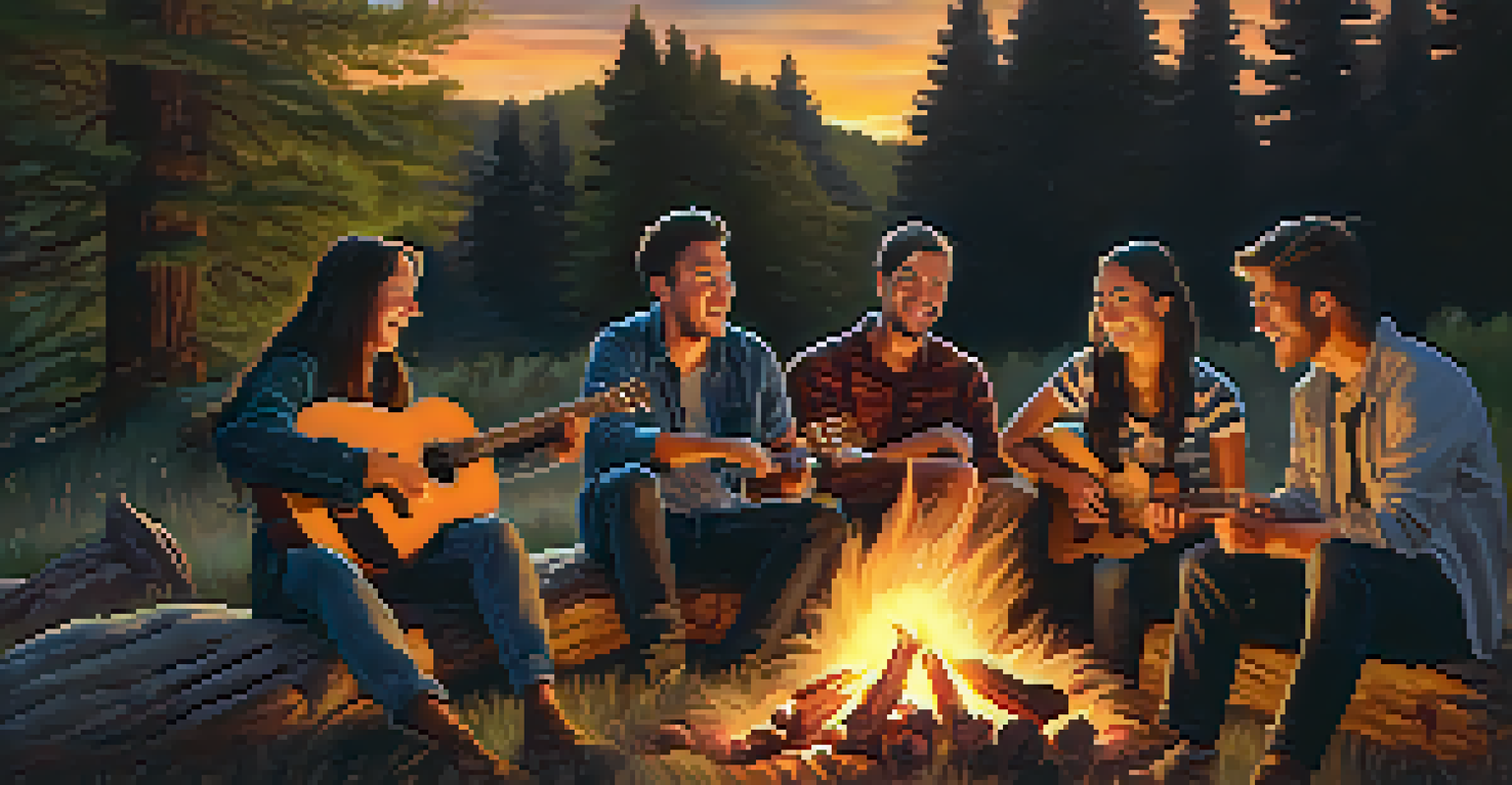 A group of friends around a campfire at dusk, one playing guitar, surrounded by warm firelight and a starry sky.