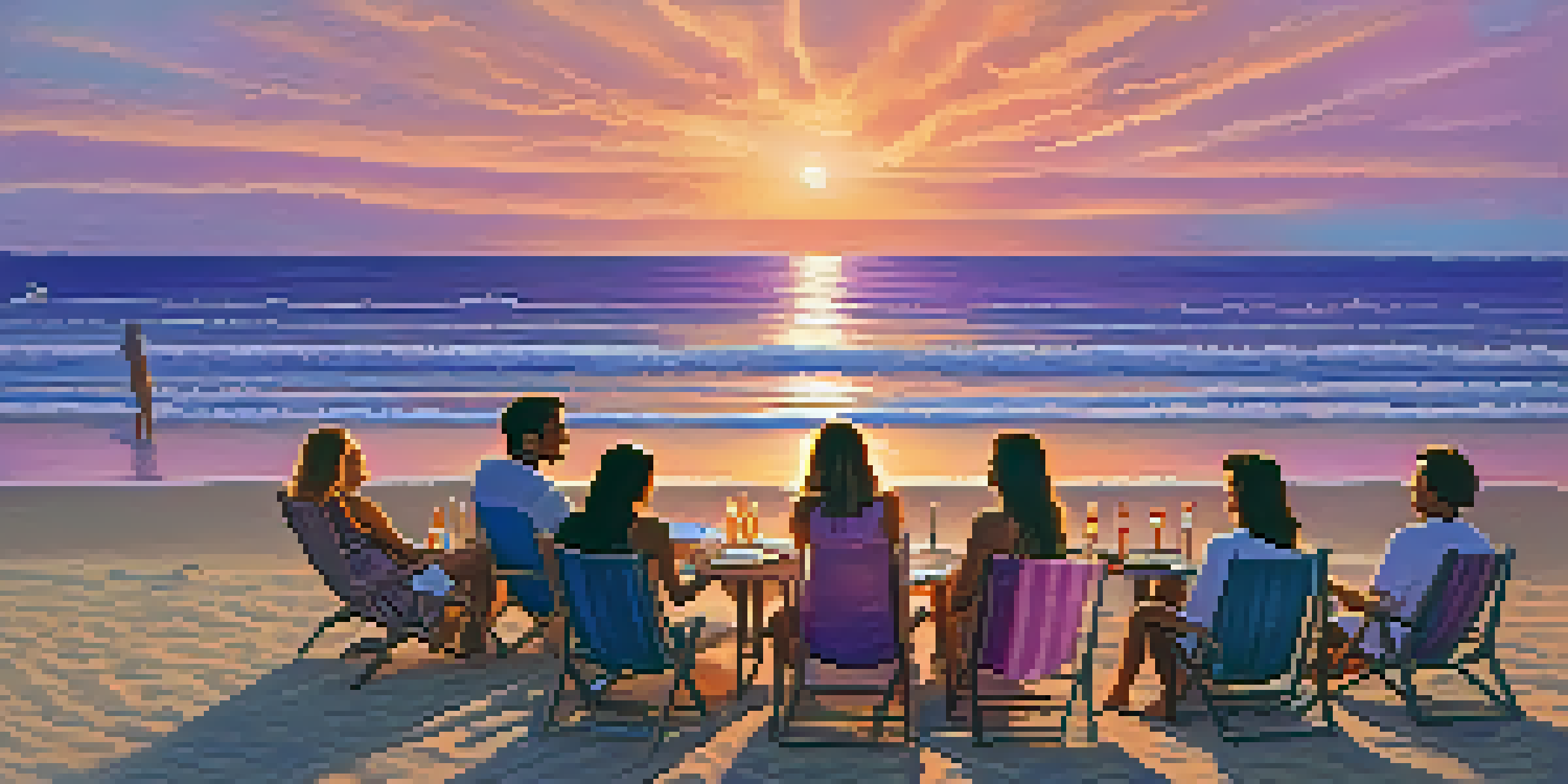 A tranquil beach during sunset with friends enjoying drinks and a guitar nearby, showcasing a warm and inviting atmosphere.