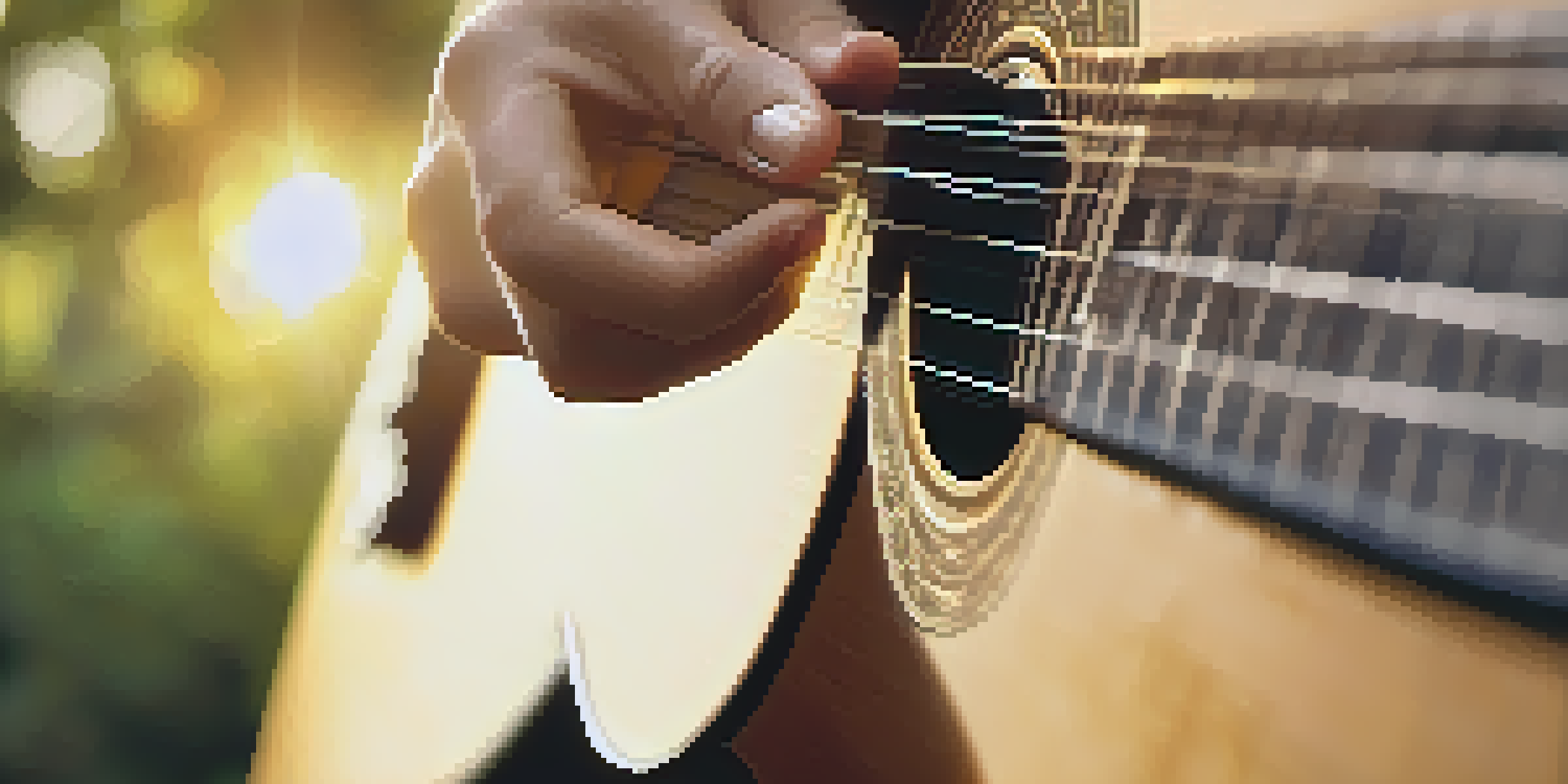 A close-up of a person's hands strumming an acoustic guitar, with sunlight filtering through a window and casting a warm glow on the guitar.