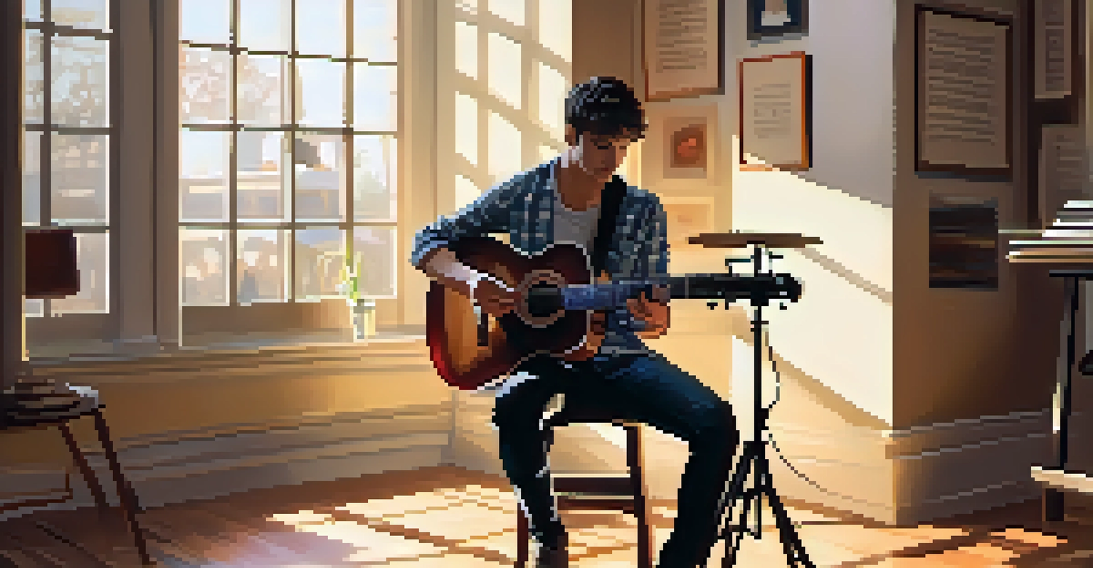 A guitarist practicing with the Circle of Fifths on a music stand in a cozy room.