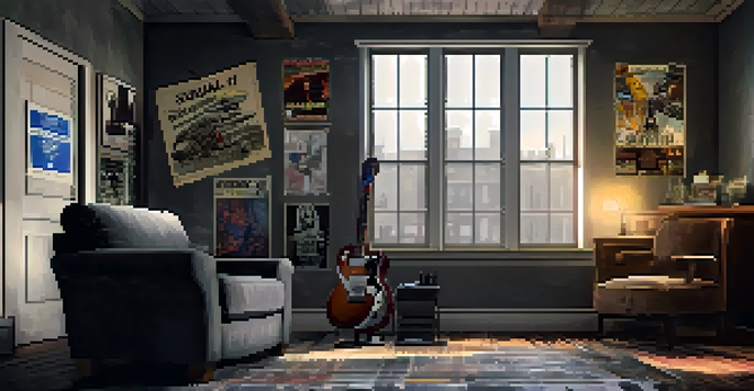 A dimly lit room with vintage grunge band posters, a guitar, and a flannel shirt, creating a nostalgic atmosphere.