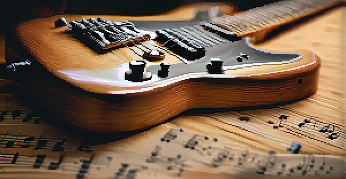 A close-up view of a vintage electric guitar in a dimly lit music studio, highlighting its polished wood and strings.