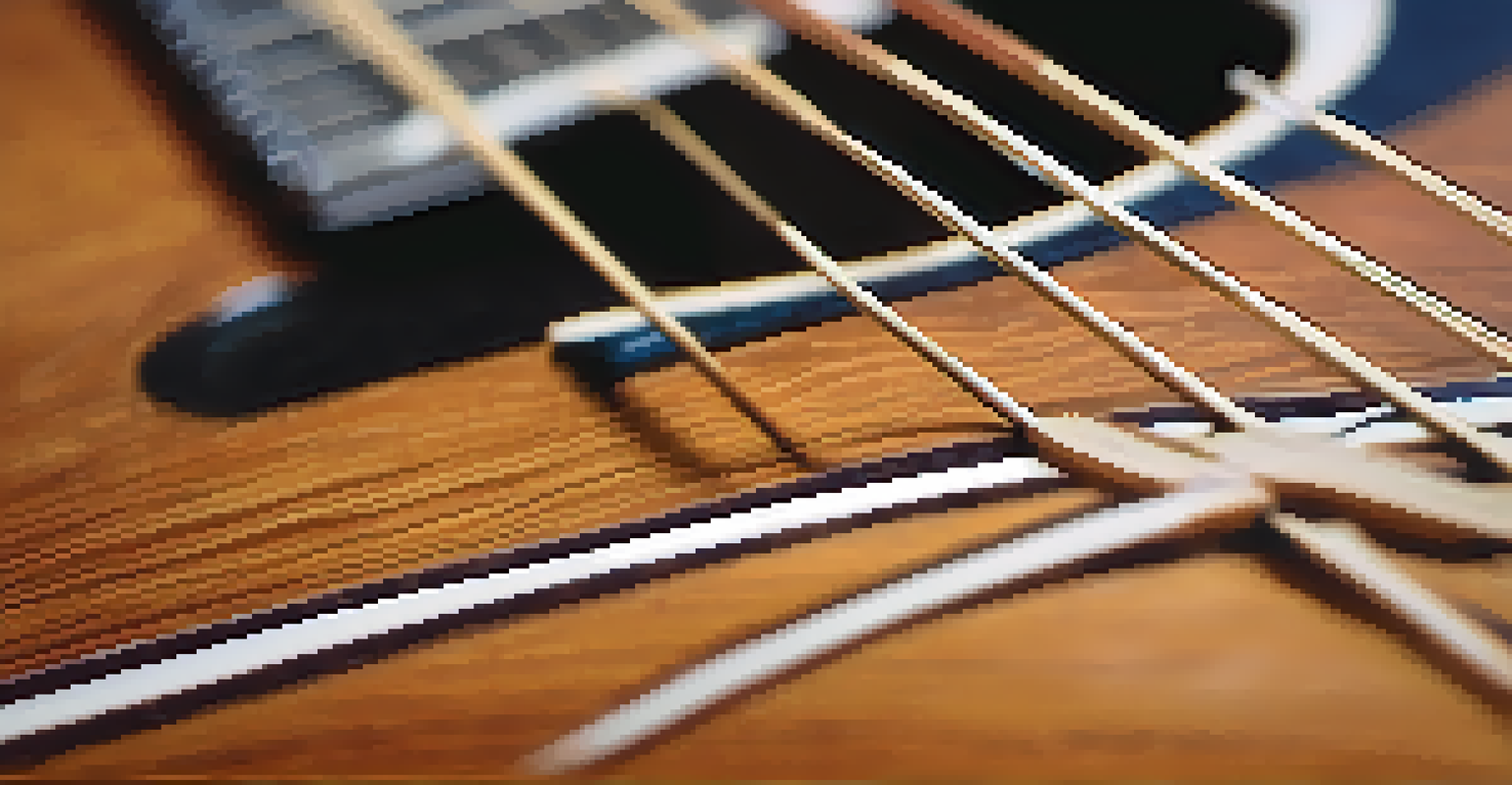 A close-up of a guitar neck with fingers positioned on the frets, highlighting the wood grain and craftsmanship against a softly blurred background.