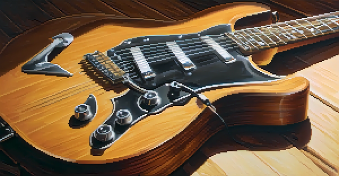 A close-up view of a vintage electric guitar on a wooden stage with soft lighting, capturing the details of the strings and frets.