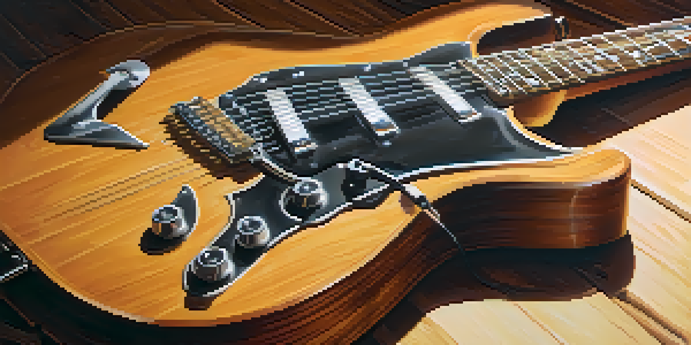 A close-up view of a vintage electric guitar on a wooden stage with soft lighting, capturing the details of the strings and frets.
