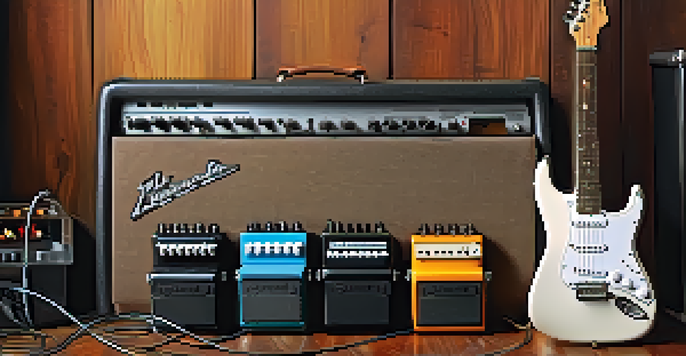 A detailed close-up of a guitar pedalboard with various colorful pedals and a vintage amplifier in the background.
