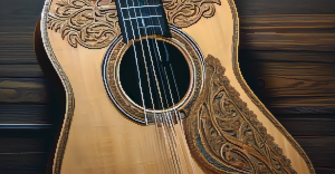 A medieval guitar with intricate carvings against a dark wooden background, softly illuminated to highlight its details.