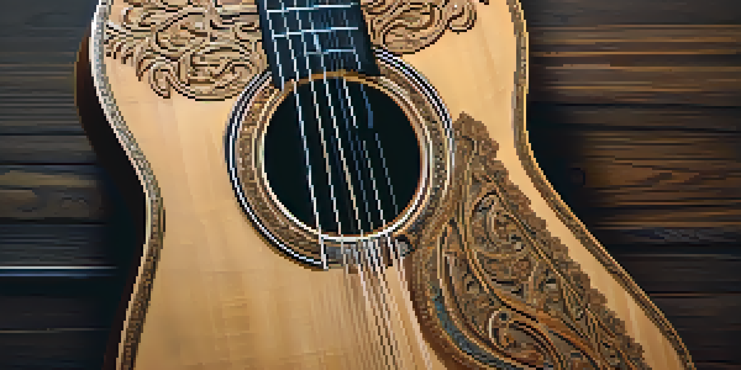 A medieval guitar with intricate carvings against a dark wooden background, softly illuminated to highlight its details.