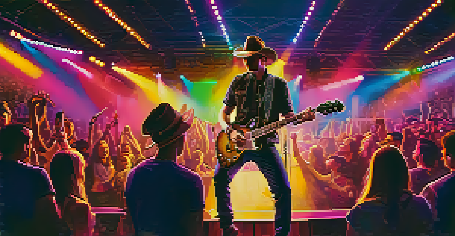 A country band performing live on stage with a lead guitarist playing an electric guitar.
