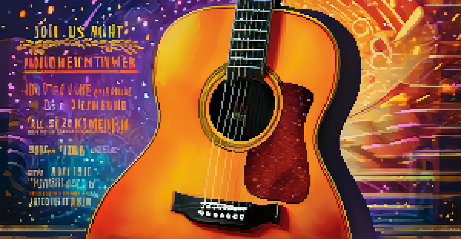 A social media post announcing a guitar live stream with vibrant colors and bold text.