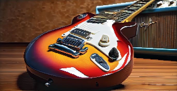 A vibrant electric guitar with a sunburst finish leaning against a vintage amplifier, illuminated by warm light.