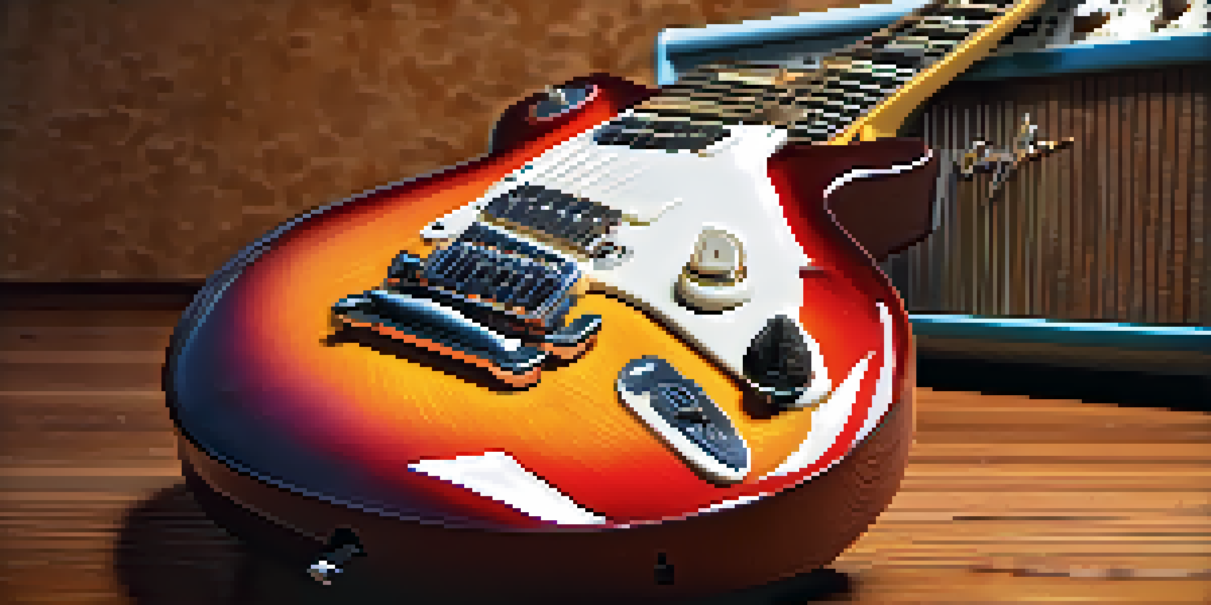 A vibrant electric guitar with a sunburst finish leaning against a vintage amplifier, illuminated by warm light.