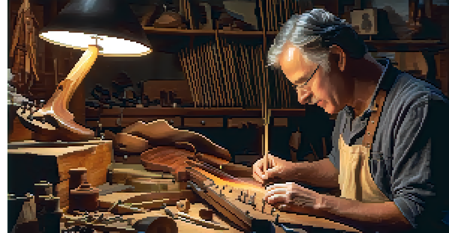 An artisan luthier repairing a guitar in a cozy workshop, surrounded by tools and warm lighting.