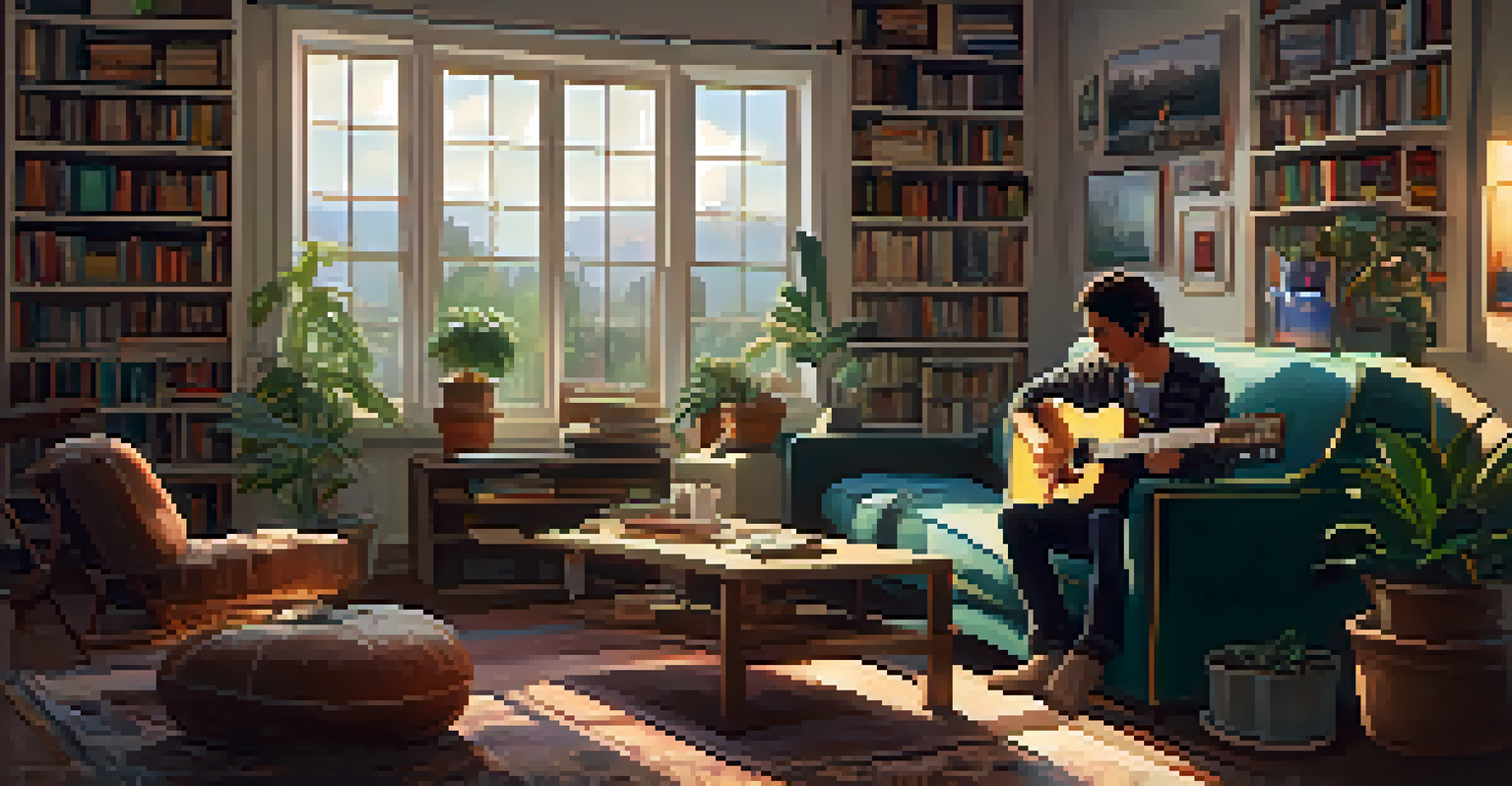 A solo musician playing an acoustic guitar on a couch in a cozy room.