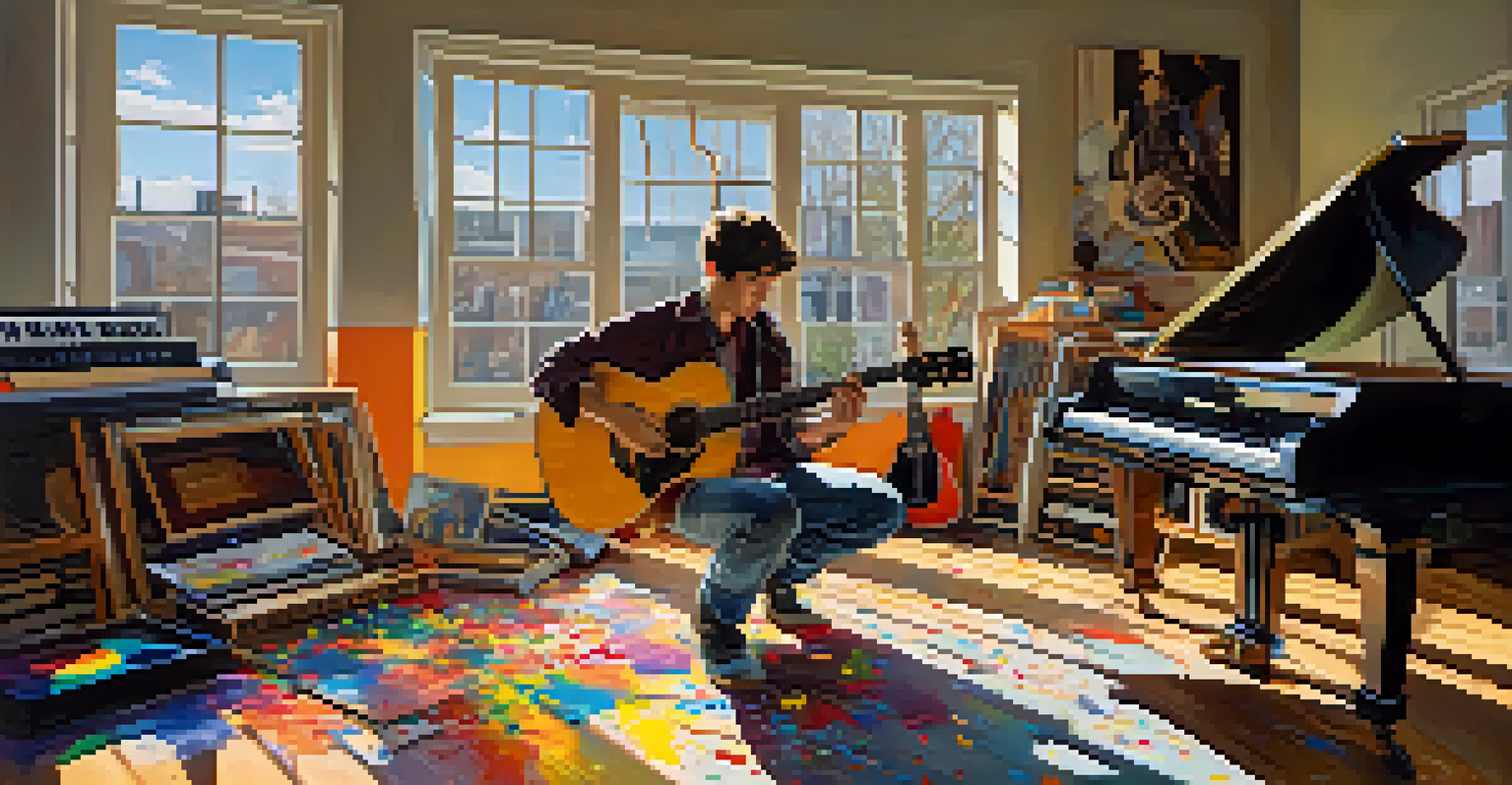 A musician playing guitar in a colorful artist's studio with paint splatters and sunlight streaming in.