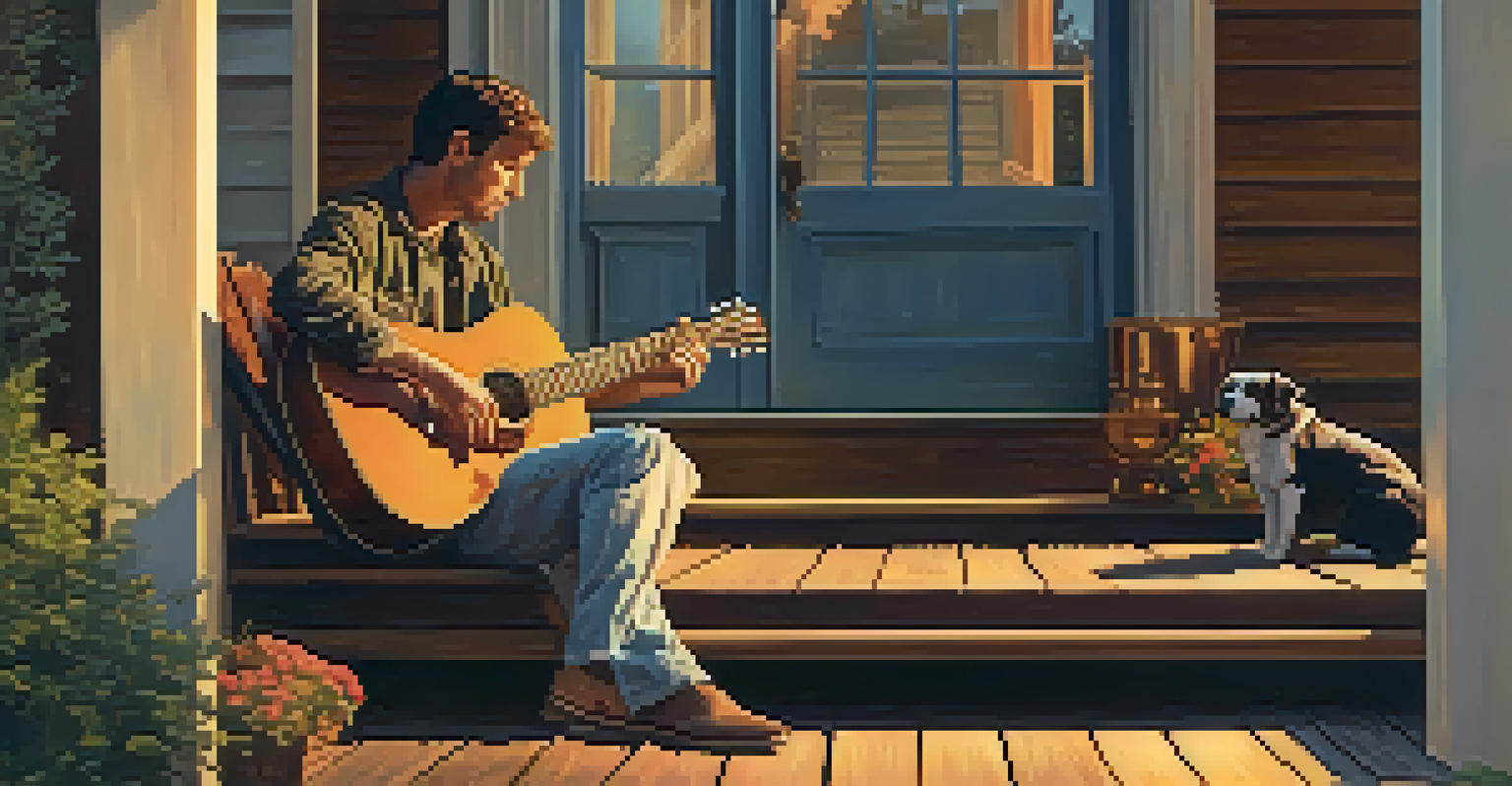 A musician playing acoustic guitar on a porch at sunset, with warm sky colors and a dog resting at their feet.